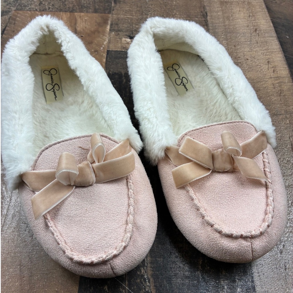 Jessica Simpson Moccasin Slippers Womens Pink Faux Fur Lined Bow House Shoes